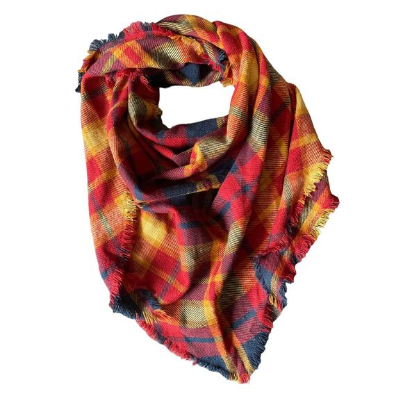OSFM Acrylic Plaid Fringe Blanket Scarf Red Blue Yellow Orange - Picture 1 of 5